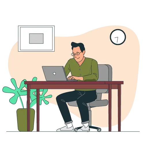 Step 1 Fill Out a Form for a fast cash offer Cartoon character with black hair, glasses, and a green shirt sitting at a desk, typing on a laptop to fill out an online form. This image represents how easy it is for homeowners to start the process of selling their house fast in Las Vegas by completing a quick form to get in touch with 702 Cash Buyers.