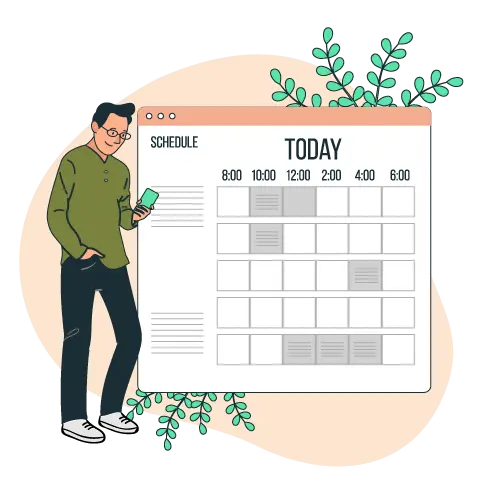 Step 2 Schedule a Calendar Appointment for Your Las Vegas Homebuyer Cartoon character with black hair, glasses, and a green shirt standing in front of a calendar, representing Step 2: scheduling an appointment. This image signifies the ease of booking a visit from home-buying specialists to assess the condition of the house as part of the process to sell your house fast in Las Vegas.