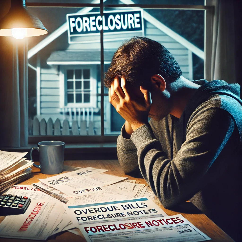 Distressed Homeowner Realizing how foreclosure affected his credit A distressed homeowner sitting at a kitchen table, overwhelmed by overdue bills and foreclosure notices, highlighting the financial and emotional impact of foreclosure on credit