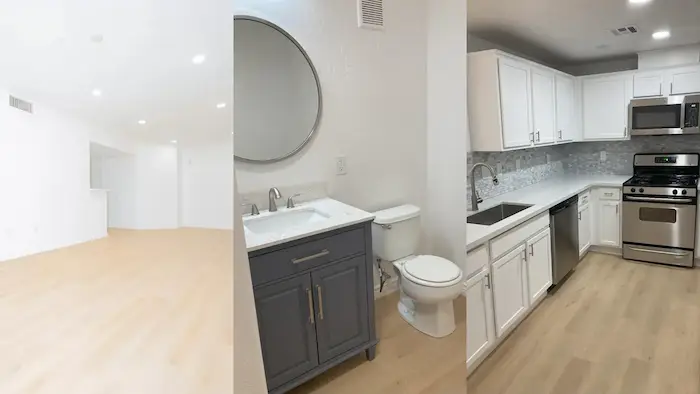 Las-Vegas-Condo-Sky-Pointe-Dr-After-Renovation-Photos Renovated Las Vegas home after updates, showcasing an open living room with new light brown LVP floors, freshly painted white walls, and recessed lighting. The updated bathroom features a modern vanity with a blue finish, ceramic sink, brushed nickel fixtures, and a circular mirror. The kitchen is fully renovated with white cabinets, stainless steel appliances, quartz countertops, mosaic backsplash, and a deep stainless steel sink with a goosehead faucet. 702 Cash Buyers transforms distressed homes, highlighting how easy it is to sell your house fast in Las Vegas NV without needing renovations