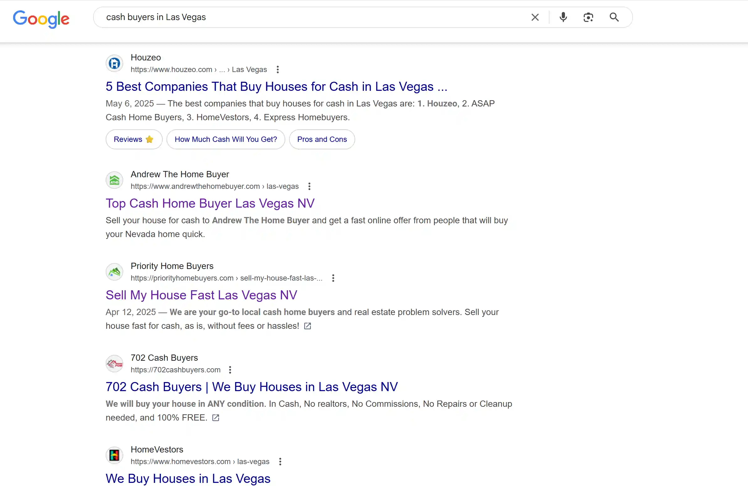 Cash Buyer in Las Vegas Keyword Search in Las Vegas SERP Results Sample Google Search Result in the SERPs for the key phrase "cash buyer in las vegas"