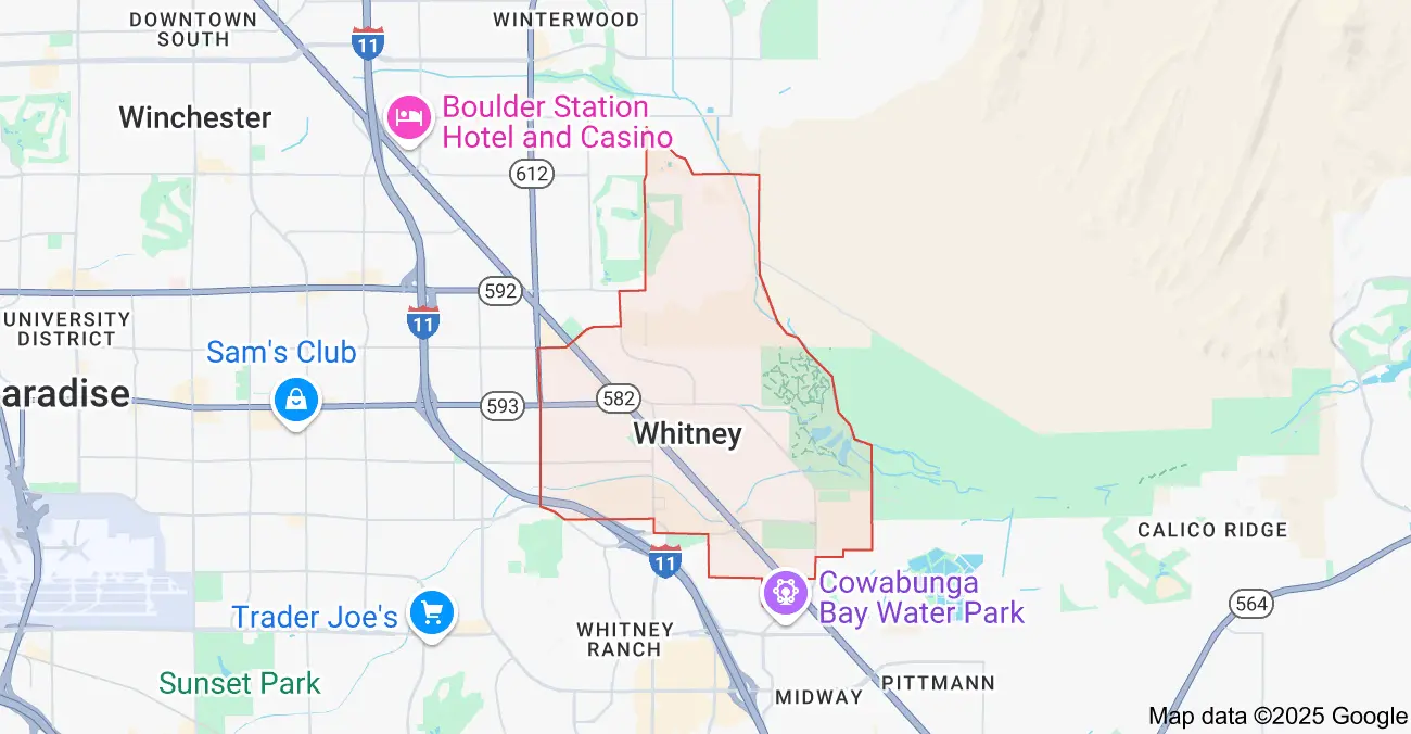 Map of Whitney, NV highlighting the neighborhood’s location near Paradise, Boulder Station, and Cowabunga Bay, key areas where 702 Cash Buyers purchase houses in Nevada