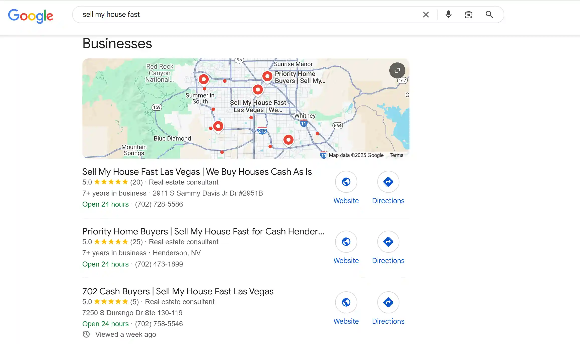 Sell My House Fast Keyword Search in Las Vegas Map Pack Result Example search results of a local map pack result from las vegas for the key phrase "sell my house fast in las vegas"
