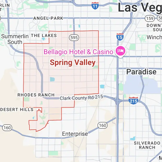 Map highlighting Spring Valley NV and surrounding areas including Rhodes Ranch, Paradise, Silverado Ranch, and Summerlin. Shows proximity to Las Vegas and key highways like I-15 and 215.