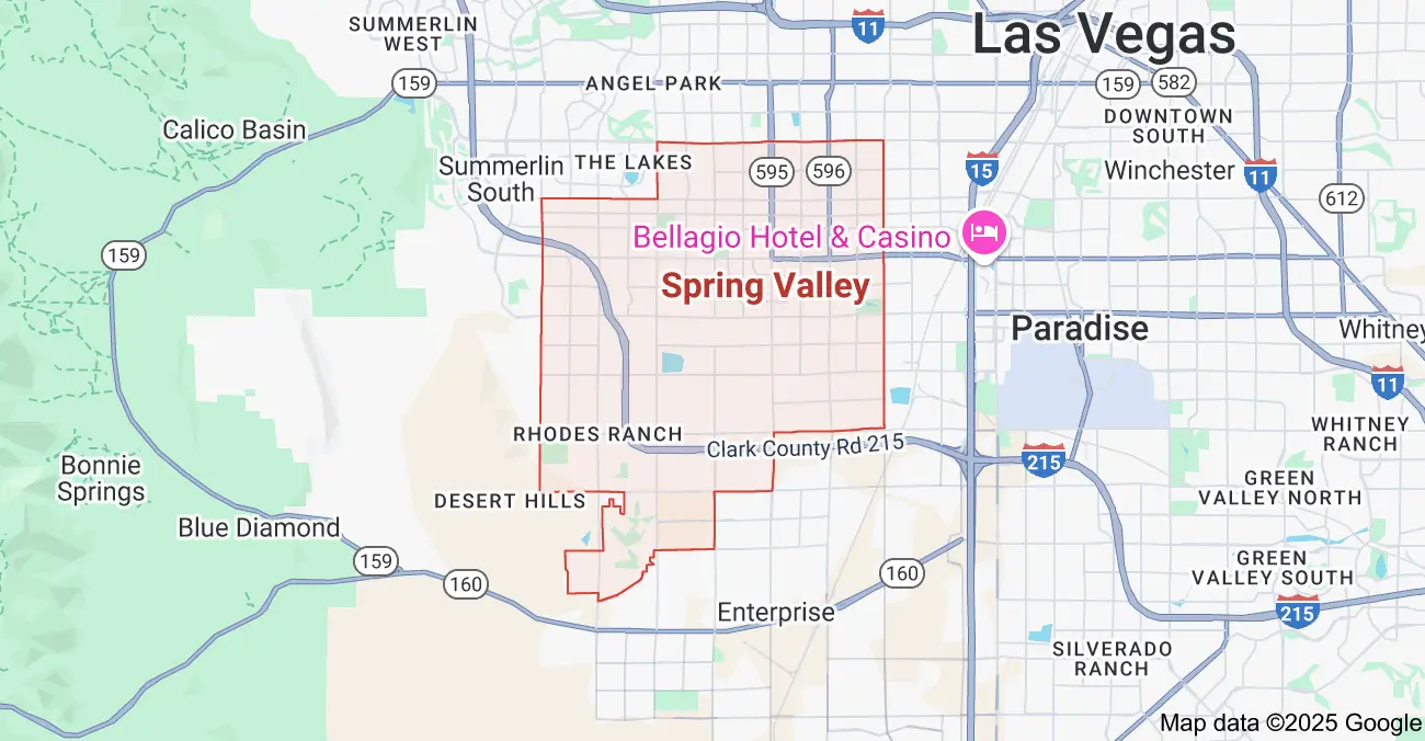 Map highlighting Spring Valley NV and surrounding areas including Rhodes Ranch, Paradise, Silverado Ranch, and Summerlin. Shows proximity to Las Vegas and key highways like I-15 and 215.