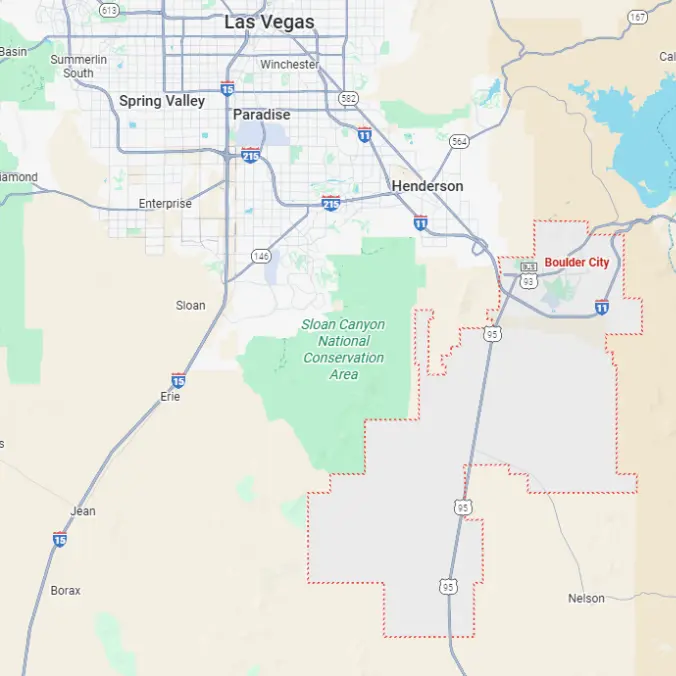 Map of Boulder City, Nevada, showing its location southeast of Las Vegas, just neighboring the City of Henderson NV. It is close to the Hoover Dam, Lake Mead, Willow Beach, with surrounding areas including Sloan Canyon National Conservation Area and Nelson.