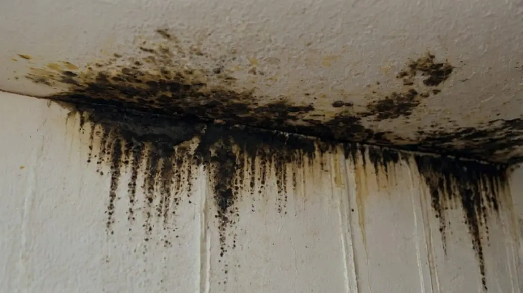 Photo of a corner of a ceiling and wall contaminated with heavy toxic black mold, signifying the extent of severe mold damage a house can get when left untreated