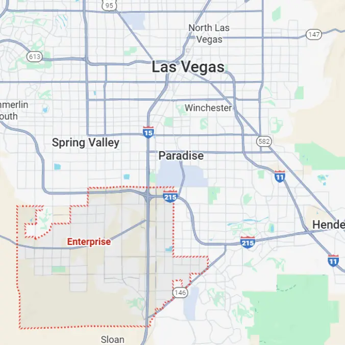 Map showing the boundaries of Enterprise, NV just southwest of the Las Vegas Strip, including areas like Southern Highlands and Silverado Ranch, both common areas of where 702 Cash Buyers buys houses for cash