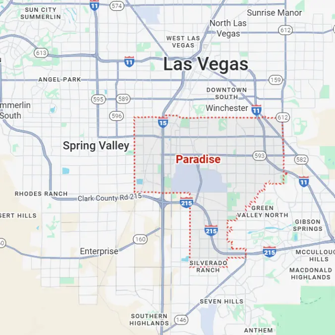 Map showing the boundaries of Paradise NV, located southeast of the Las Vegas Strip, bordered by Spring Valley to the west, Henderson to the southeast, and Green Valley to the south. Major nearby areas include Silverado Ranch, Enterprise, and Downtown Las Vegas.