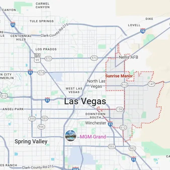 Map of Sunrise Manor, NV showing its location near Las Vegas, Nellis Air Force Base, and surrounding neighborhoods