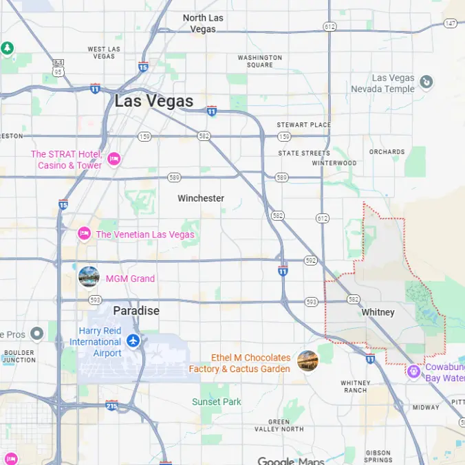 Map of Whitney, NV highlighting the neighborhood’s location near Paradise, Boulder Station, and Cowabunga Bay, key areas where 702 Cash Buyers purchase houses in Nevada