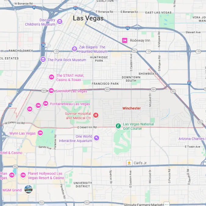 Map showing the boundaries of Winchester, NV near the Las Vegas Strip, including surrounding areas like Paradise, Spring Valley, and East Las Vegas.