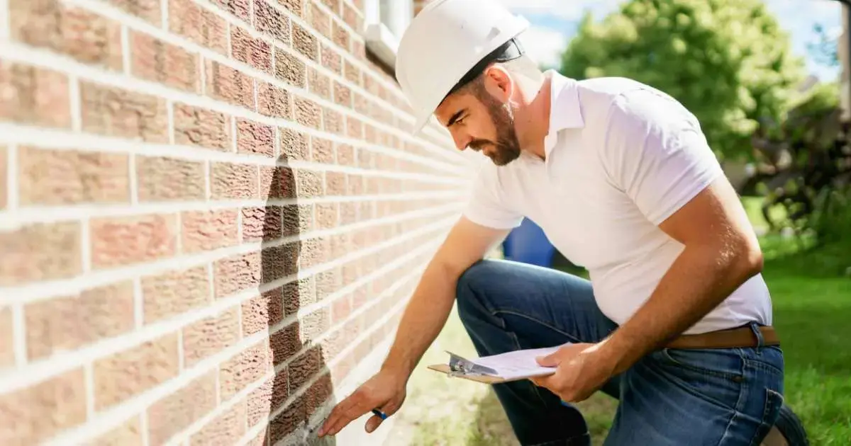 Home inspector checking exterior wall for structural issues and code violations before selling a house