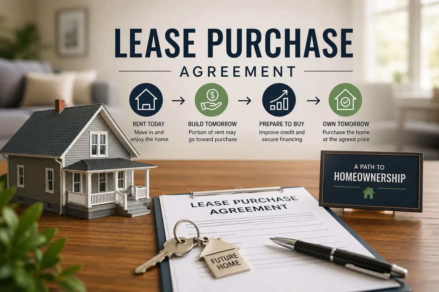 Real estate infographic showing a lease purchase agreement concept with a home, contract document, and financial elements representing rent-to-own home sale strategy.