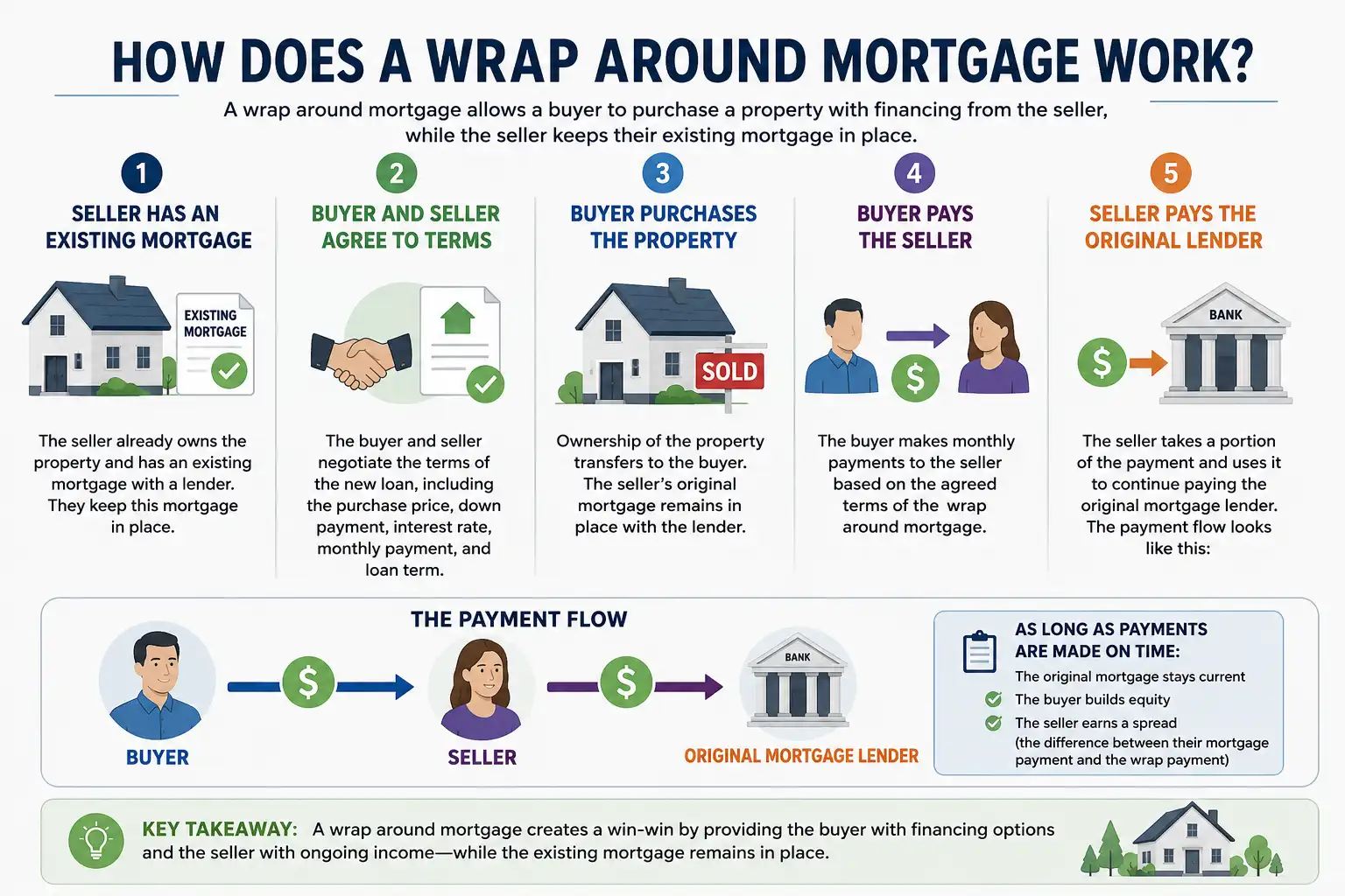 Infographic showing how a wrap around mortgage works in 5 steps: seller keeps existing mortgage, buyer and seller agree to terms, buyer purchases the property, buyer pays seller monthly, and seller pays the original mortgage lender.